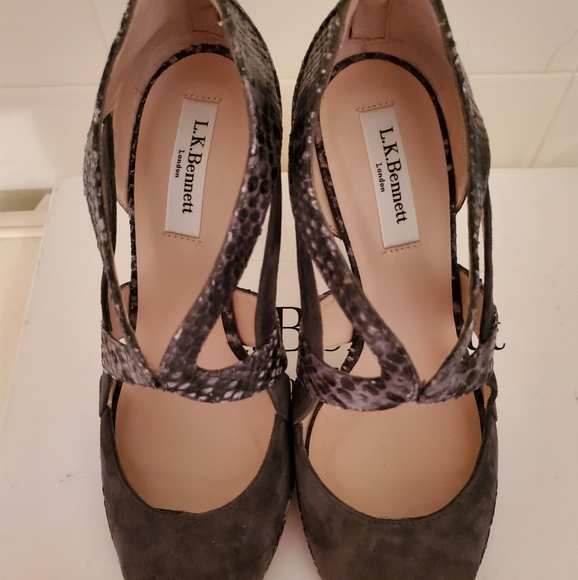 L.K. Bennett Mabel Cutout Brown Suede Python Shoes - Picture 1 of 5